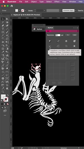 Want Adobe Illustrator RAPTOR round your little finger? Have more control over the Transform Effect with the Stylism Tool. The Stylism Tool has an easy to use UI-widget to help you control some of the Live Effects in Adobe Illustrator. How to Transform Object with Stylism: Select the object you want to transform Click the Stylism Tool in the Advanced toolbar Click the Transform Live Effect button in the panel that opens With the Ui-widget increase the number of copies Pick which 9-square you wan