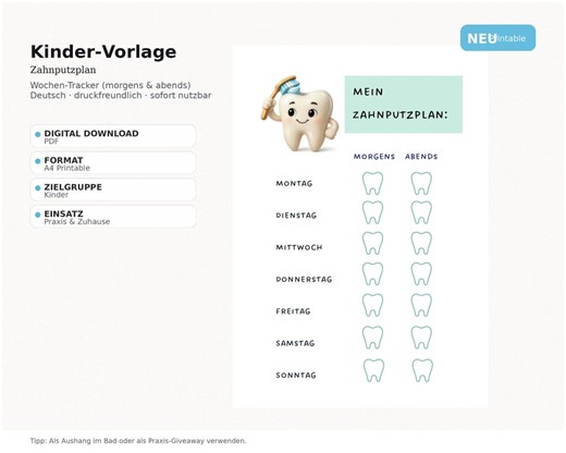 Brushing Chart for Children (PDF) | Tooth Tracker | Dentist's Office Poster (A4) - Etsy