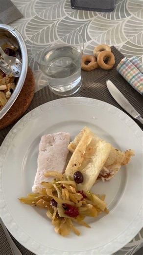 Sicilian style fennels, white polenta and steamed cod fish