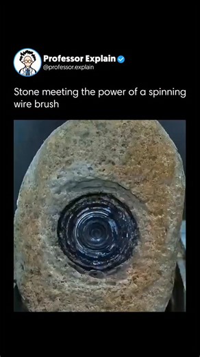 Professor Explain 🤯 on Instagram: "The post features a 26-second video showing abrasive stone polishing, where a handheld power tool with a rotating wire brush smooths a rough, fist-sized sandstone-like rock. Sparks fly as friction generates local temperatures exceeding 1000°C, with glowing particles visible. The technique demonstrates tribology principles, as brass or steel wires act as abrasives, micro-plowing and cutting the surface to create a smooth, rounded form suitable for decorative or