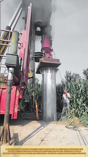 Construction Worker Driving Steel Piles into Ground with Hydraulic Piling Machine Precision