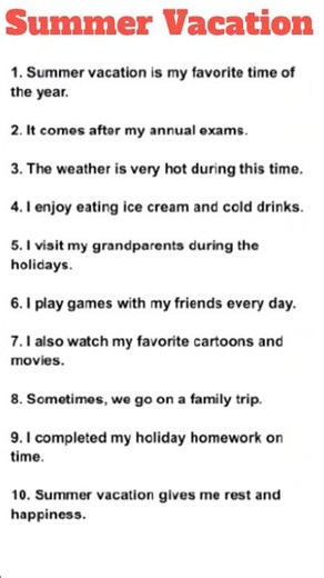 10 Lines Essay on Summer Vacation in English | Easy Essay for Kids ☀️