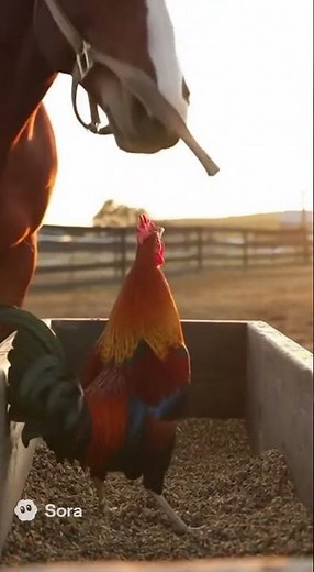 Rooster Steals Horse's Dinner!