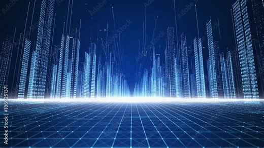 Futuristic city digital skyline neon blue data grid technology background virtual reality 3D cityscape glows with digital grid