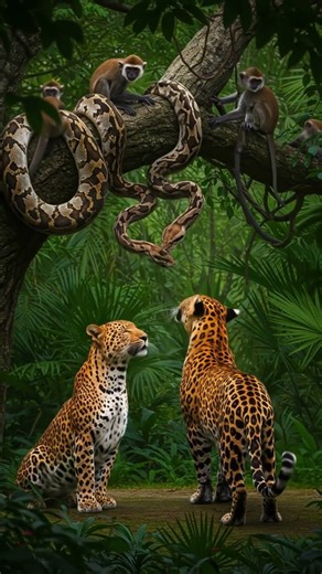 Leopard vs Python and monkey on the tree #animallife #wildlife #animals