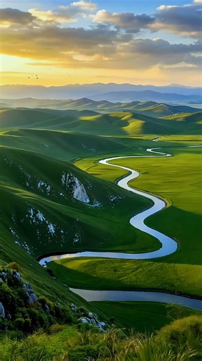 Nature | Travel | Wildlife 🌍 on Instagram: "Golden hour spills over endless rolling hills as a silver river winds like a ribbon of light through the valley, carving its own path toward the horizon and turning the whole landscape into a living painting of peace, freedom, and possibility. 🌄💚🌊 #goldenvalley #riverofdreams #natureheals #nature"