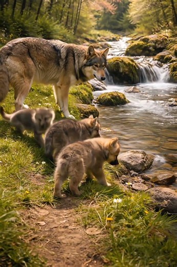 🏞️ 🐾 3 Tiny Wolf Pups at Mountain Stream 💙 | AI generated |