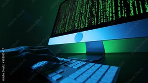 Closeup Man hands typing on a keyboard and a computer screen with green code. Hacker coding and programming, late night working. Concept dark internet, cyber security.