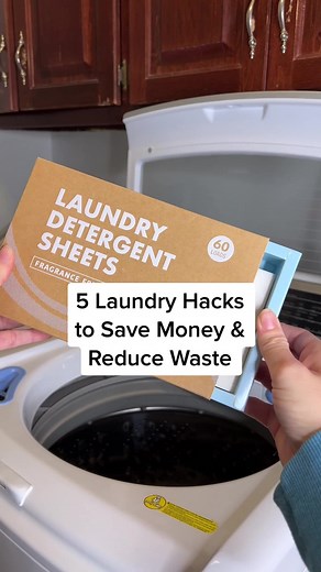 5 laundry jacks to save and reduce waste: 1. Wash clothes in cold water 2. Wash fuller loads 3. Switch to eco-friendly detergent sheets 4. Wash clothes less by wearing them at least a couple of times (jeans, jackets, sweaters, etc.) 5. Use wool dryer balls #ecofriendlyhacks #ecofriendly #ecofriendlyproducts #ecofriendlyliving #moneysavinghacks #moneysavingmom #moneysavingtips #laundryhacks #sustainableliving
