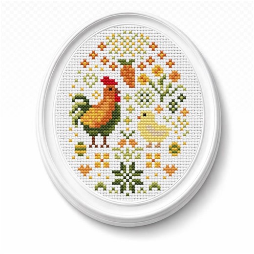Easter Chicken Cross Stitch Pattern, Hen & Chick Sampler, Carrot Floral Folk Design, Oval Mini Cross Stitch, Spring PDF, Instant Download - Etsy