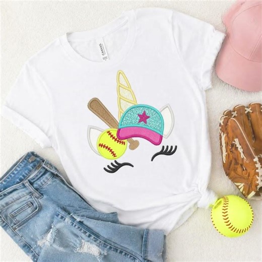 Softball Unicorn Applique Embroidery Design 🥎✨ Cute Girl Game Day Shirt Idea