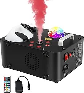 Fog Machine,1000W DJ Smoke Machine Maker with Disco Ball&6 RGB LED Lights Produce 30000 CFM Smoke Vertically or Horizontally by Remote Control for DJ Party Wedding Stage Show Lighting