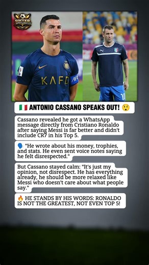 Cassano: Ronaldo Texted Me Angry! Not Top 5!😱 #football #ronaldo #debate #viral #soccer #shorts #fyp