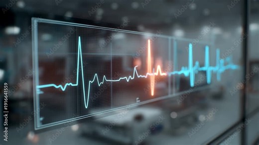 Ultra HD Digital heartbeat monitor displaying an ecg wave with an anomaly on a transparent screen in a modern hospital setting video