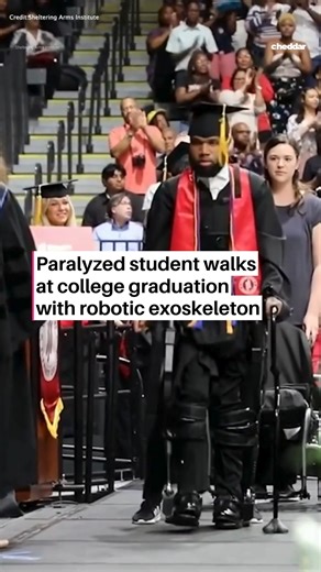 "Anything is possible." 💪 Khalil Watson was shot in 2016, leaving him paralyzed from a spinal cord injury. But after an incredible recovery, he recently defied the odds and walked across the graduation stage last year to receive his associate degree from Reynolds Community College — with the help of a robotic exoskeleton from Sheltering Arms Institute. As Khalil said, "In life, you’re going to experience ups and downs. We just have to keep going." | cheddar news