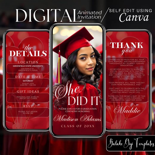 Red Graduation Invitation Digital Luxury Animated Maroon Grad Video Invite Editable Class Level up Party Evite Announcement Dinner Ecard - Etsy