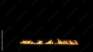 Realistic flame igniting and burning in slow motion, flame line on black background, alpha channel