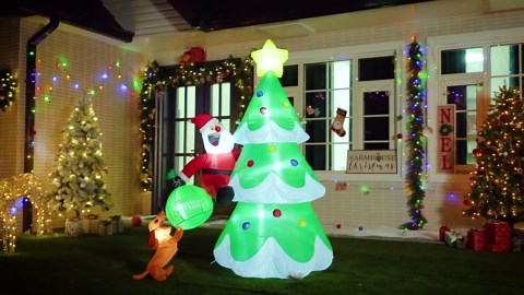 Alupssuc 7FT Inflatable Christmas Tree with Santa Claus & Dog Decoration Built-in LED Lights, Dog is Chasing and Biting Gift Bag, Perfect for Xmas Holiday Party Outdoor Yard Garden Lawn Decor, Green