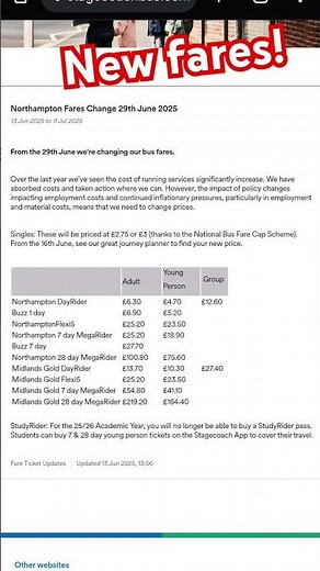 new ticket prices! new fares northampton stagecoach! 2,75£ single fare