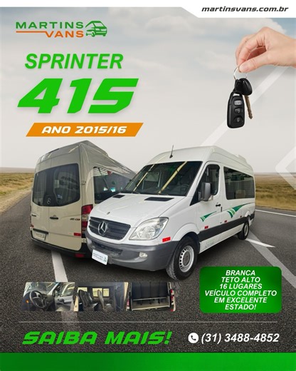 Martins Vans Utilitarios🚐💚🤝 | 🚐 Sprinter 415 2016 Teto Alto – 16 Lugares Completa! Sprinter 415 2015/2016, branca, teto alto, 16 Lugares. Veículo completo, em excelente... | Instagram