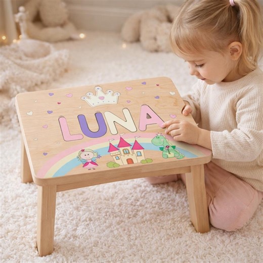 Personalized Name Puzzle Stool for Kids, Custom Wooden Baby Name Step Stool, Montessori Learning Toy, Easter Gift for Kids, Nursery Decor