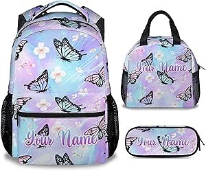 Personalized Youth Butterfly Backpack with Lunch Box - Set of 3 Customized School Backpacks Matching Combo - Pretty Colorful Bookbag and Pencil Case Bundle