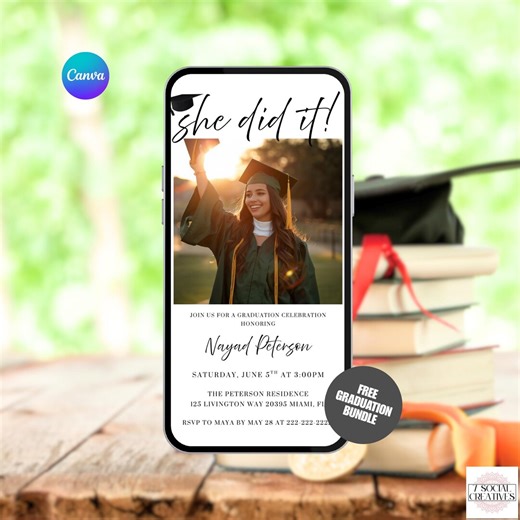 She Did It Photo Graduation Invitation. Girls College or High School Grad Party or Ceremony Invite. Instant Download. DIY Canva Template. - Etsy