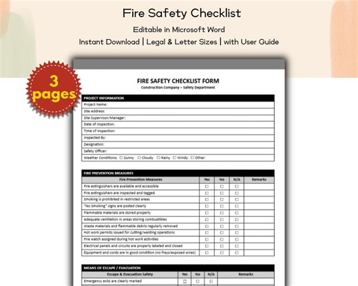 Construction Company Fire Safety Checklist Editable and Printable Template, Safety Compliance Teams, Risk Management Personnel, HR Team - Etsy