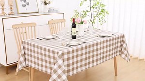 Smiry Plastic Table Cloth, Waterproof Vinyl Tablecloth with Flannel Backing, Wipeable Buffalo Plaid Table Cover for Picnic, Indoor and Outdoor (Brown & White, 60" Round)