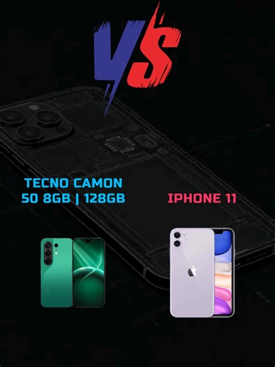 TECNO Camon 50 vs iPhone 11 Chipset\tiPhone 11 lebih kuat dengan Apple A13 Bionic dibanding TECNO Helio G200 Ultimate. Memory\tTECNO unggul dengan RAM 8 GB dan storage 128 GB dibanding iPhone 11 hanya 4/64 GB. Kamera\tTECNO unggul dengan kamera 50 MP OIS Sony Lytia 700C dibanding iPhone 11 12 MP OIS iSight. Layar\tTECNO unggul dengan AMOLED 144 Hz 4500 nits dibanding iPhone 11 IPS 60 Hz 625 nits. Baterai\tTECNO unggul dengan 6500 mAh 45 W dibanding iPhone 11 3110 mAh 18 W. Fitur Tambahan\tiPhone