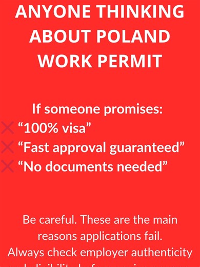 ⚠️ Important for anyone thinking about Poland work permit If someone promises ❌ “100% visa” ❌ “Fast approval guaranteed” ❌ “No documents needed” Be careful. These are the main reasons applications #visa #VisaServices #poland #europe #europeworkpermit #VisaApproved #travel #trendingreels #LimitedTimeOffer #LimitedSlots #foryou