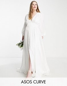 ASOS DESIGN Curve Alyssa satin wedding dress with blouson sleeve and button front - IVORY | ASOS