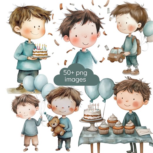 Watercolor Birthday Boy Clipart | Cute Little Boy Birthday Party PNG | Kids Birthday Illustration Set - Etsy