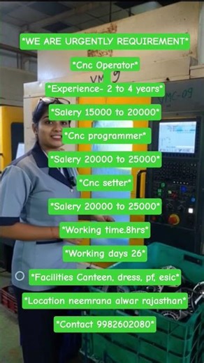 cnc operator job in nimrana Rajasthan #cncoperater #jobs