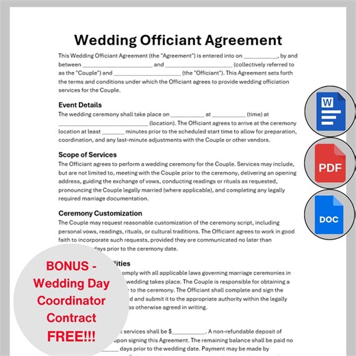Wedding Officiant Agreement Editable, Customizable Contract Wedding Planning Template, Printable Wedding Ceremony Form, Marriage Day Planner - Etsy