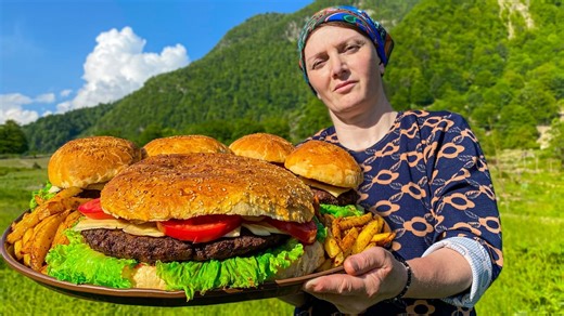Cookin Giant Burger That Won't Fit in Your Mouth in The Mountains! | Cooking