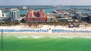 Clearwater Beach Florida. Panorama of city Clearwater Beach FL. Spring break or Summer vacations in Florida. Beautiful View on Hotels and Resorts on Island. America USA. Gulf of Mexico. Aerial view.