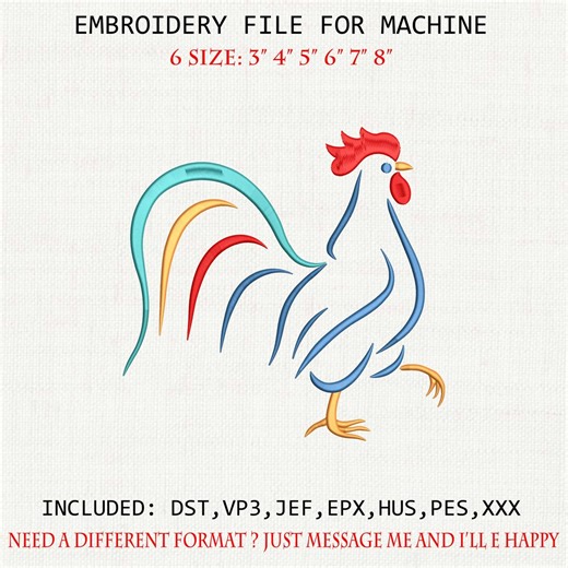 Rooster Embroidery Design, Modern Line Art Chicken, Farm Animal Machine Embroidery - Etsy