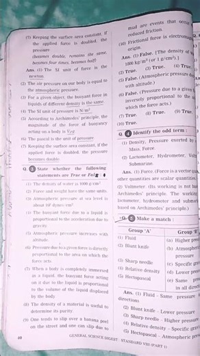 💫✨std 8th subject science chapter 3. force and pressure exercise digest 💫✨ #surpass