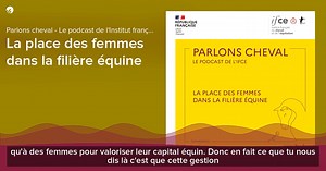 [ 🎤 Podcast ] La place des femmes dans la filière équine Après avoir retracé les grandes lignes historiques de la place des femmes dans les relations anthropoéquines, le podcast aborde les enjeux et les impacts de la féminisation des mondes du cheval. 👉 Quels types d’emplois ? Quelles évolutions de carrière ? Quelles évolutions des conditions de travail ? Quelles évolutions à venir ? Un podcast avec trois expertes IFCE : Vanina Deneux - Le Barh (ingénieure de recherche en sociologie), Charlène