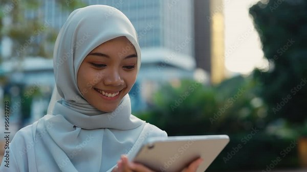 Islamic Girl Wearing Hijab Standing Outside and Using the Digital Device. Cute Muslim Lady in the Street Scrolling Pics in Social Media on the Tablet. People and Technology Concept