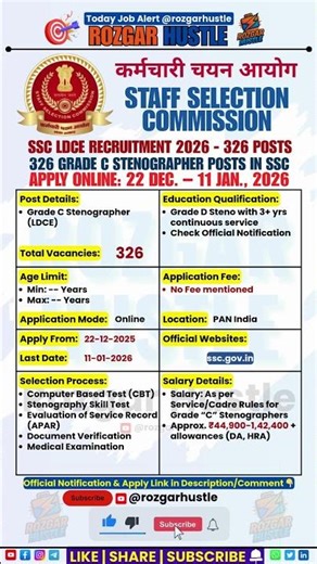 SSC Stenographer Recruitment 2026 – Apply Online 326 Posts #shorts #SSC #govtjobs #jobalert #sscexam