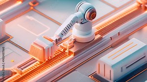 High-tech automated production line with robotic arms and conveyors in a modern factory setting, showcasing advanced manufacturing technologies.