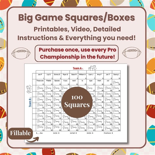 Super Big Game Football Square Pool for Gametime Fun Big Game Box Pool for Super Party to Enjoy the Game With Football Party Game Time Pool - Etsy