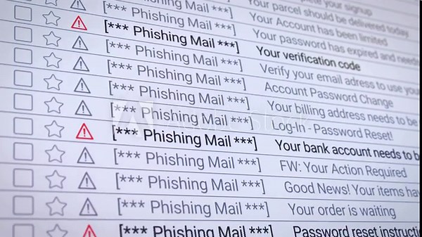 Video animation of a scrolling list in the internet browser with detected phishing emails - seamless loop in close-up.