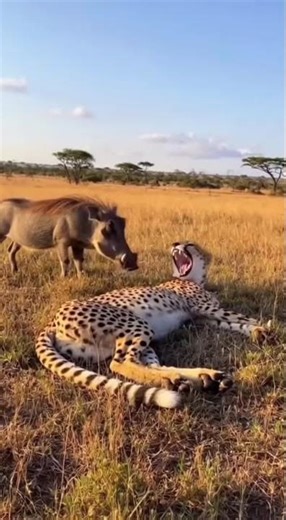 When a Yawning Cheetah Gets Jump-Scared by a Clueless Warthog