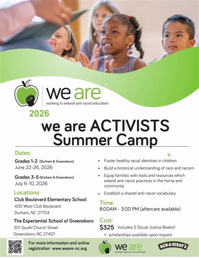 The movement doesn’t take the summer off — and neither do we. we are ACTIVISTS Summer Camp 2026 is officially open for registration! ✊🏾🌞 For rising 1st–5th graders in Durham and Greensboro, our camps are rooted in: ✔🏾 Literacy-based learning ✔🏾 Hands-on, age-appropriate activities ✔🏾 Honest conversations about identity, fairness & anti-racism Every camper leaves with five social justice books to continue the learning at home — because activism doesn’t end on Friday. 📆 Camp Dates • Rising 1