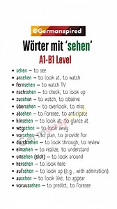 These are German verbs derived from the root verb sehen (to see). Each verb combines sehen with a prefix (e.g., an-, fern-, nach-), which modifies its meaning. These words are commonly used in everyday language, especially in A1-B1 level German studies, as they describe various actions related to seeing, observing, or perceiving. Prefixes often change the nuance, such as: Direction (e.g., hinsehen – to look at something in a particular direction). Purpose (e.g., nachsehen – to check/look up some