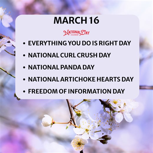 MARCH 16, 2026 | EVERYTHING YOU DO IS RIGHT DAY | NATIONAL CURL CRUSH DAY | NATIONAL PANDA DAY | NATIONAL ARTICHOKE HEARTS DAY | FREEDOM OF INFORMATION DAY
