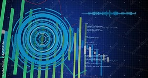 Displaying concentric radar circles with rising bars, floating waveform overlaid code on dark grid